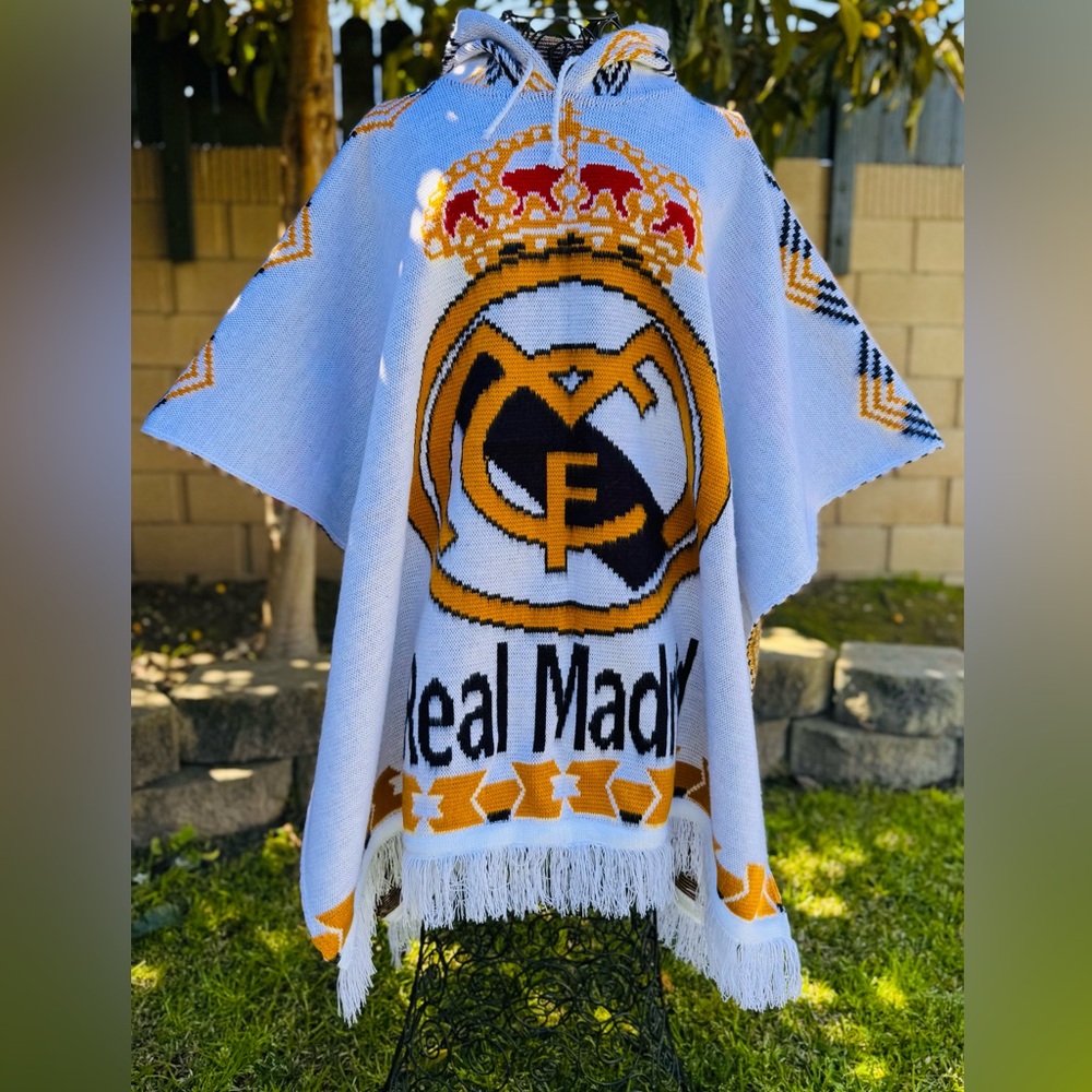 Real Madrid soccer team adult size alpaca poncho, one size,hooded cape,handmade.
